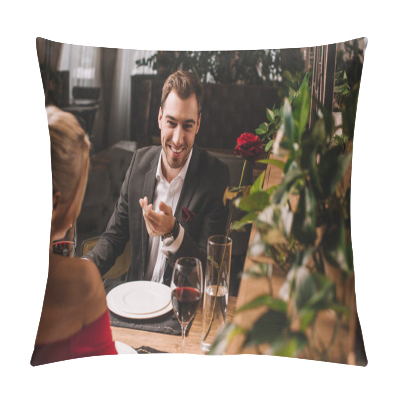 Personality  Handsome Man Laughing While Looking At Girl In Restaurant  Pillow Covers