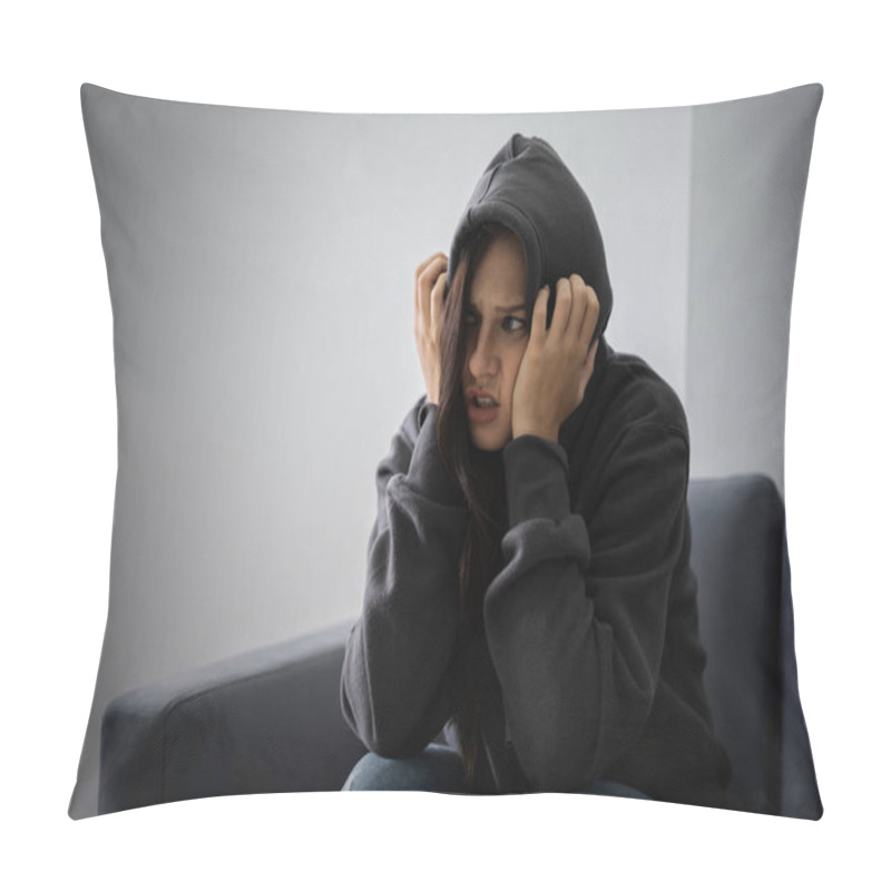 Personality  Young Depressed Woman In Hoodie Sitting On Sofa At Home Pillow Covers