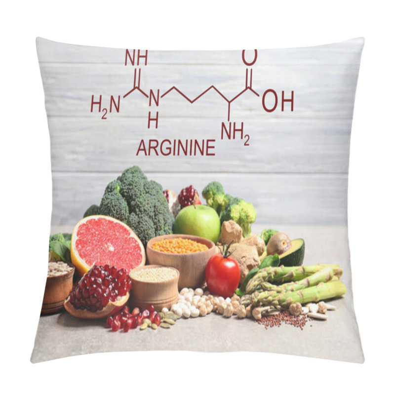 Personality  Fresh Vegetables, Fruits And Seeds On Grey Table. Sources Of Essential Amino Acids Pillow Covers