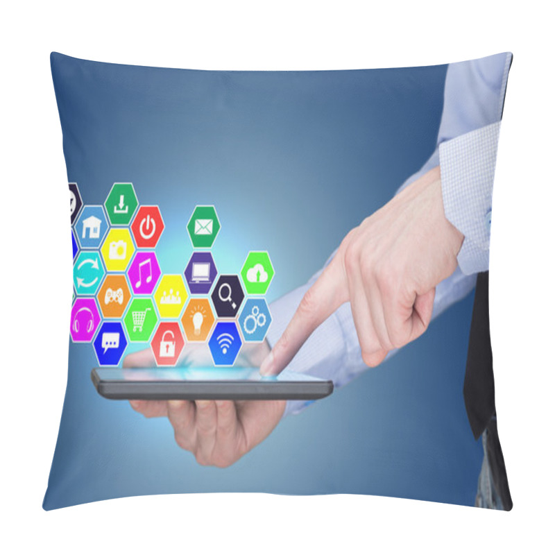 Personality  Businessman Holding A Tablet Pc With Mobile Applications Icons On Virtual Screen . Internet And Business Concept. Pillow Covers