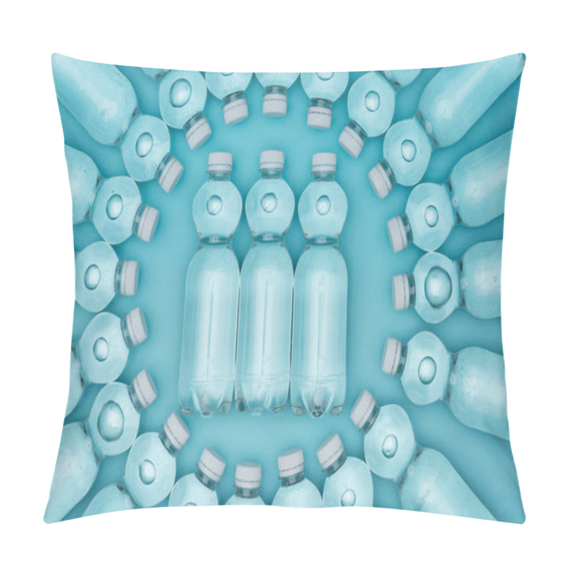 Personality  Top View Of Transparent Plastic Water Bottles Isolated On Turquoise Pillow Covers