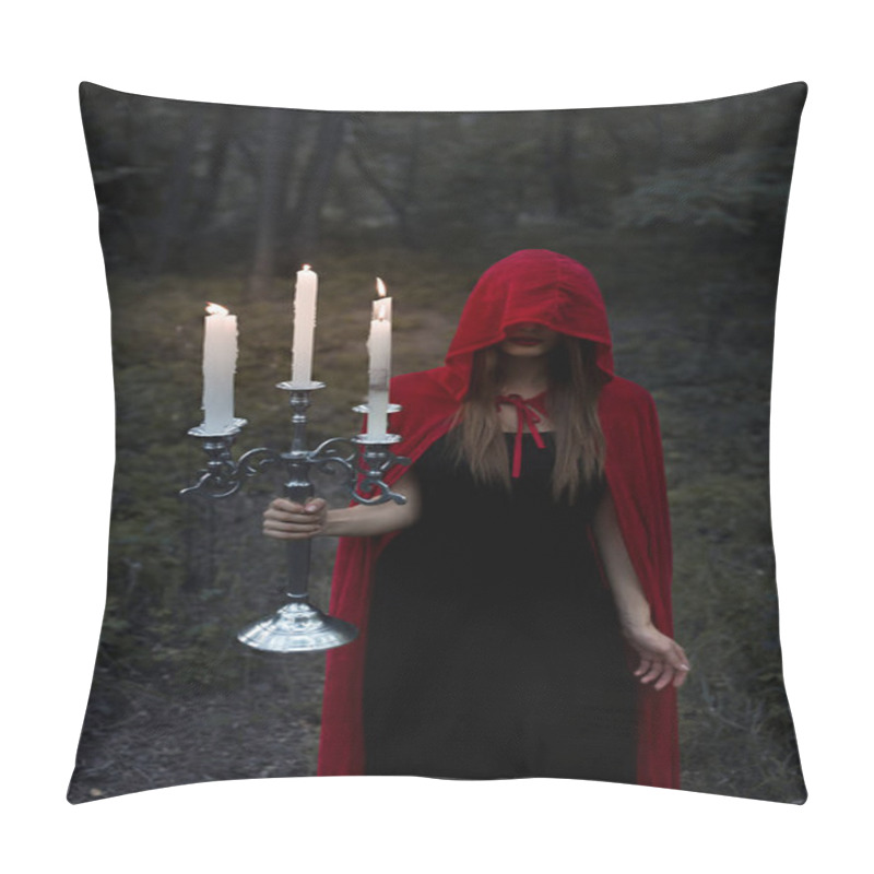 Personality  Magic Woman In Red Cloak And Hood Holding Candelabrum With Candles In Dark Forest Pillow Covers