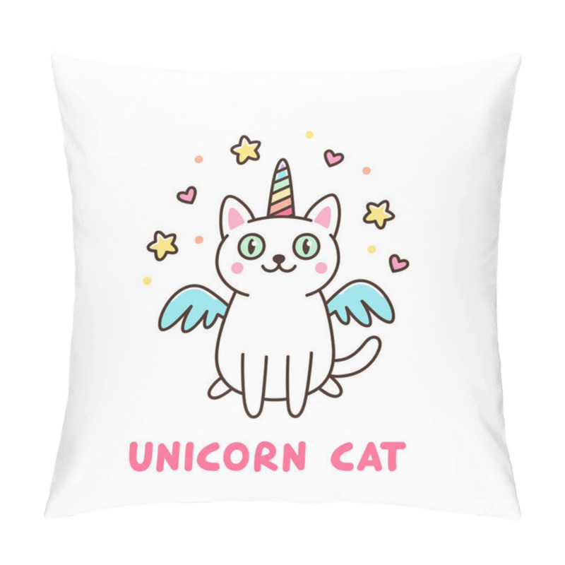 Personality  Cute White Cat In A Unicorn Costume With Wings And Rainbow Horn. Pillow Covers