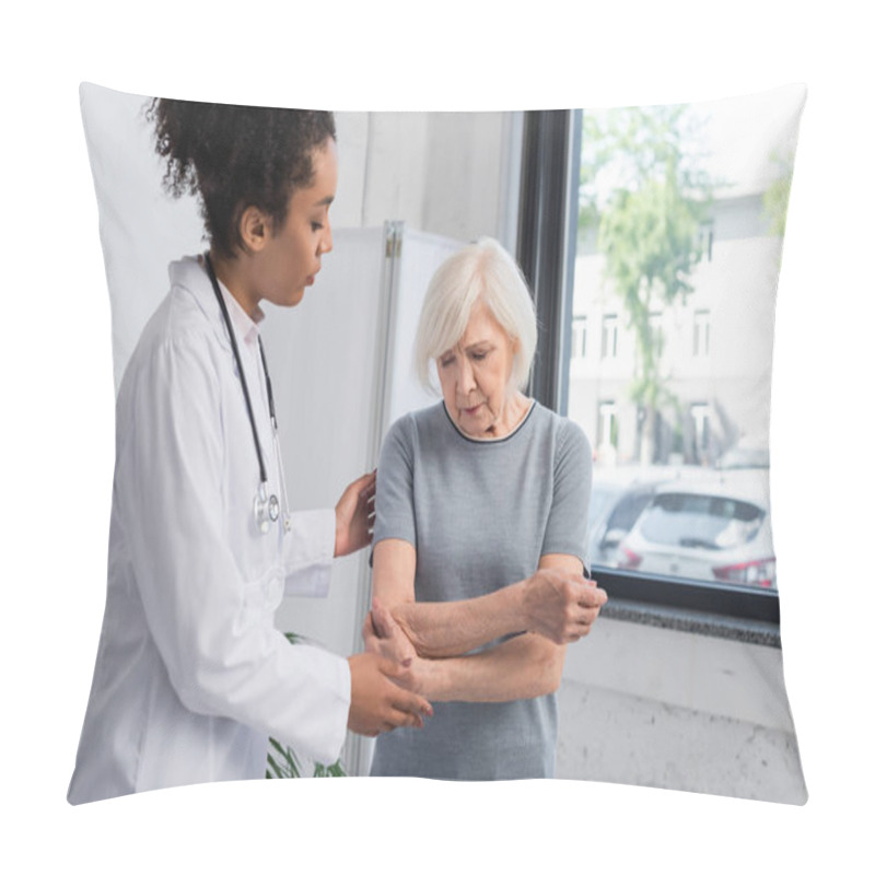 Personality  African American Traumatologist Standing Near Senior Woman Touching Arm  Pillow Covers