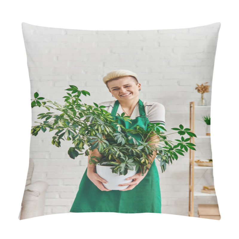 Personality  Stylish And Overjoyed Woman In Green Apron Standing In Modern Living Room With Natural Foliage Plant, Environmentally Friendly Habits, Sustainable Home Decor And Green Living Concept Pillow Covers