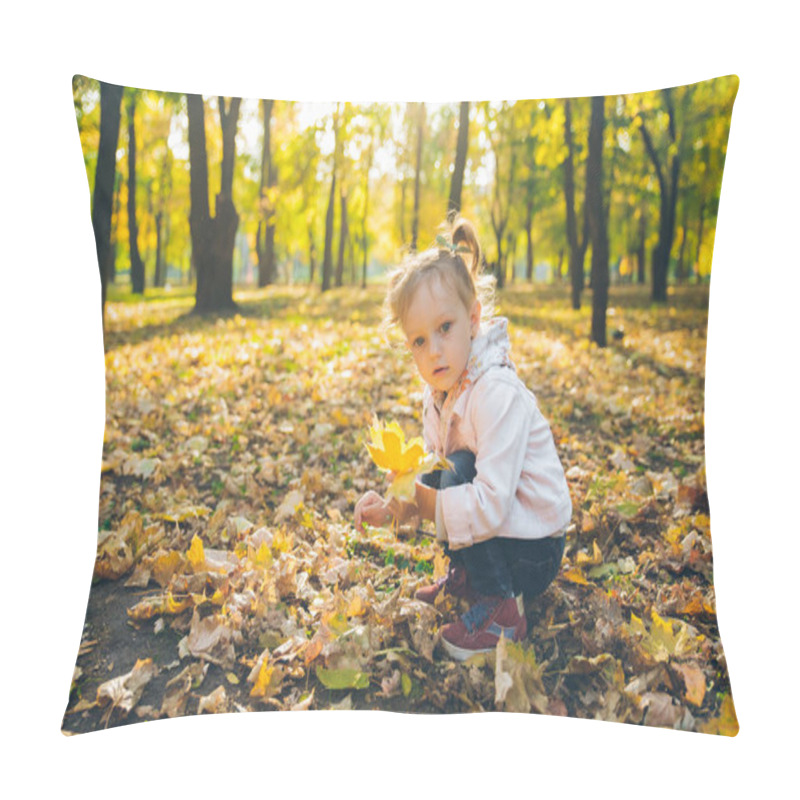 Personality  Little Smiling Blond Cute Toddler Girl At Autumn City Park Fall Season Pillow Covers