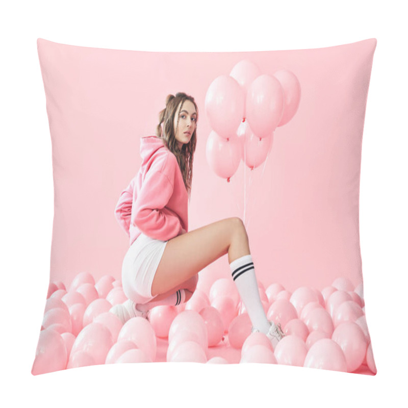 Personality  Young Trendy Woman Posing With Pink Balloons On Pink Background Pillow Covers