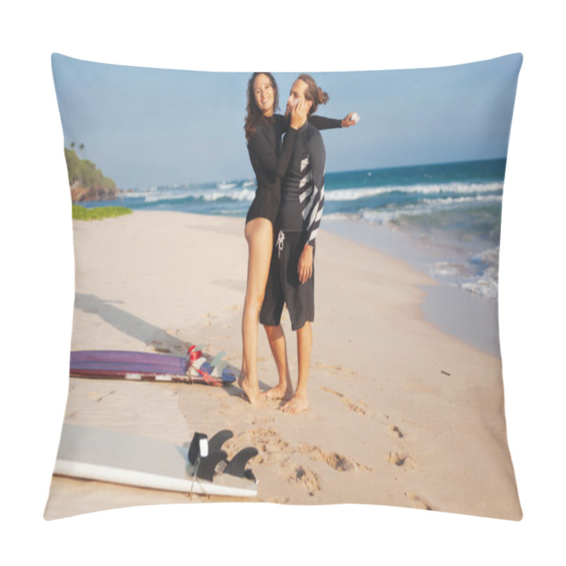 Personality  Young Couple Of Surfers On Of The Ocean, Apply Protective Cosmetics For Surfing On The Face Pillow Covers