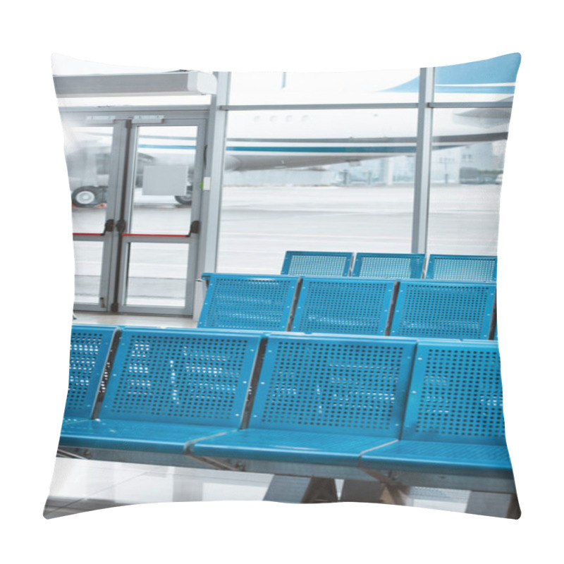 Personality  Empty Departure Lounge With Blue Metallic Seats In Airport  Pillow Covers