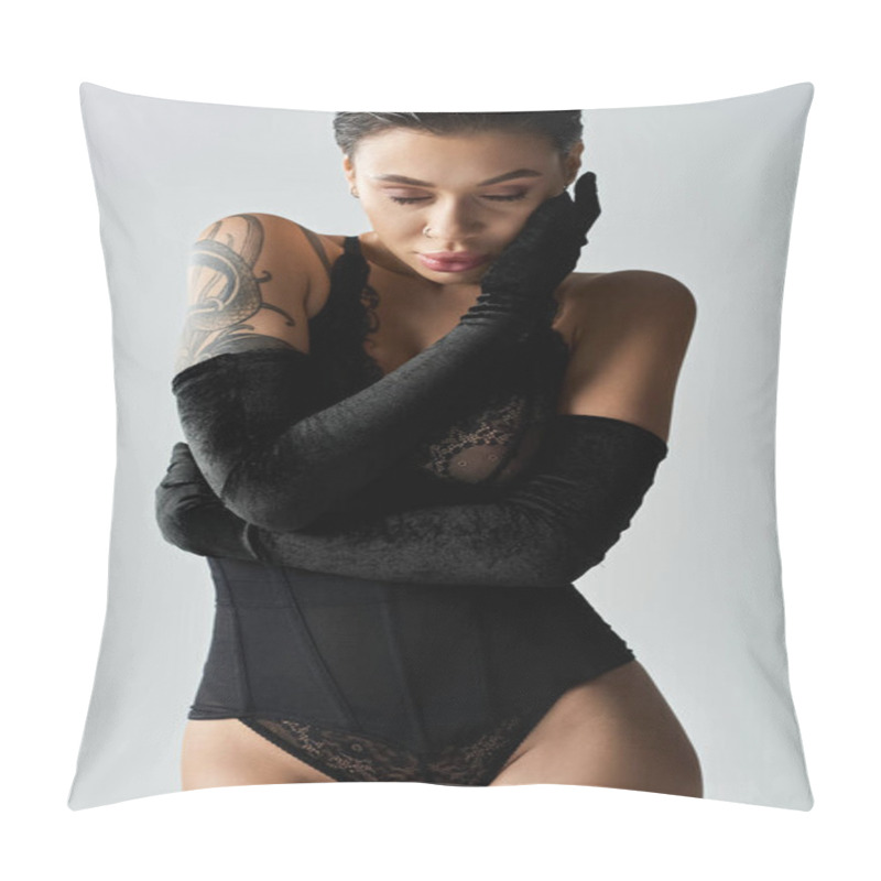 Personality  A Young Woman In Black Lingerie And Long Gloves Poses In Front Of A White Wall. Pillow Covers