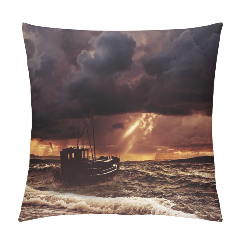 Personality  Fishing Boat In A Stormy Sea  Pillow Covers