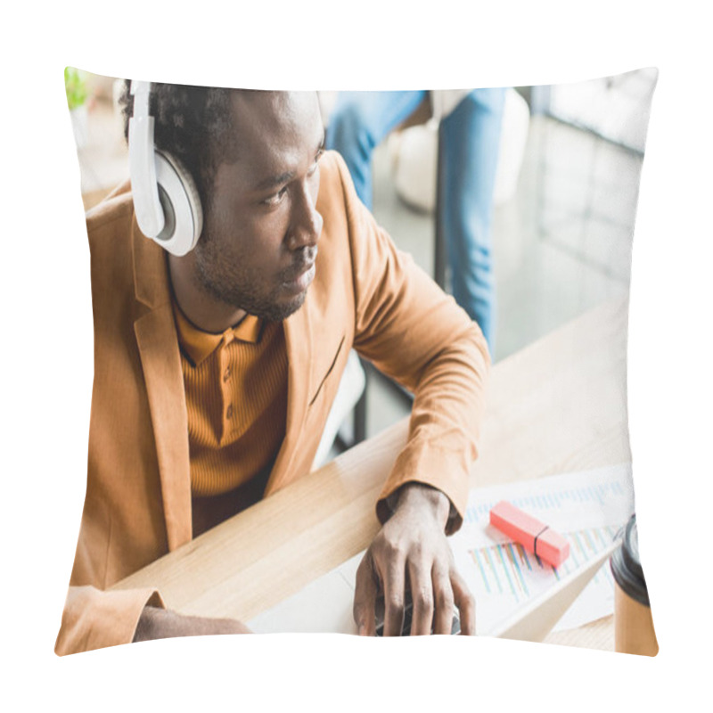 Personality  Thoughtful African American Businessman In Headphones Using Laptop In Office Pillow Covers