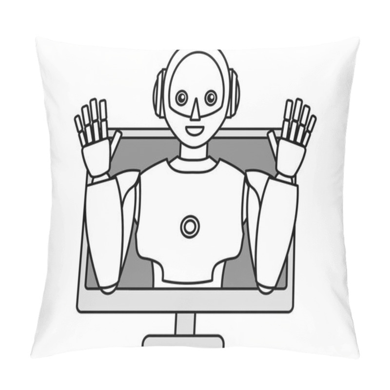 Personality  Illustration Of A Simple Android Robot Popping Out Of A PC (monochrome) Pillow Covers