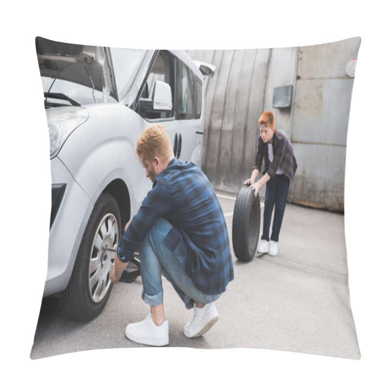 Personality  Father Changing Tire In Car With Wheel Wrench, Son Holding Tire Pillow Covers