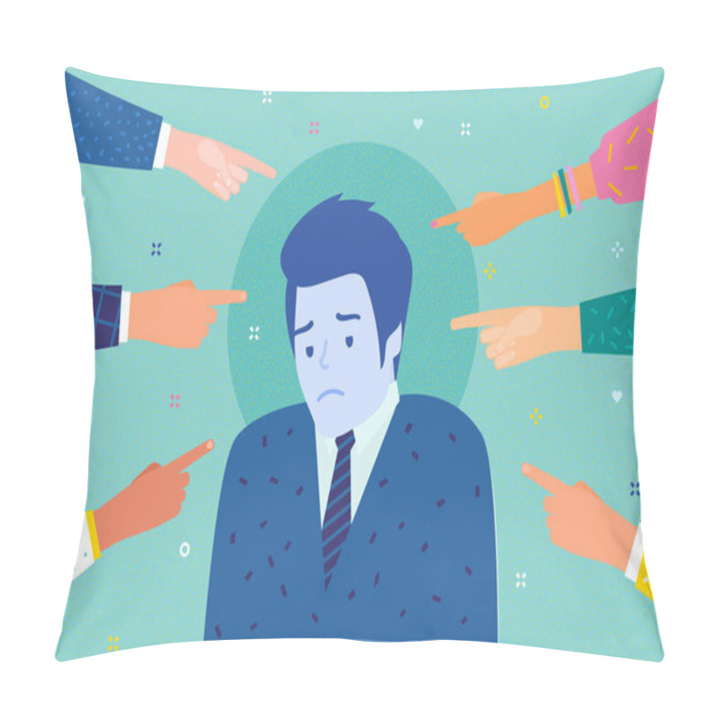 Personality  Concept Of Guilt, Public Censure And Victim Blaming. Sad Or Depressed Man Surrounded By Hands With Index Fingers Pointing At Her. Flat Design, Vector Illustration. Pillow Covers