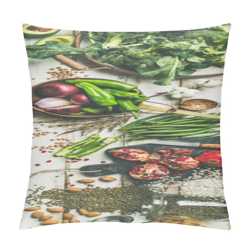 Personality  Winter Vegetarian, Vegan Food Cooking Ingredients. Flat-lay Of Vegetables, Fruits, Beans, Cereals, Kitchen Utencil, Dried Flowers, Olive Oil Over White Wooden Background, Top View. Clean Eating Food Pillow Covers