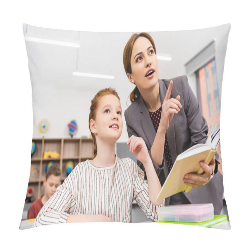 Personality  Teacher Standing Near Desk And Explaining Lesson To Pupil In Classroom Pillow Covers