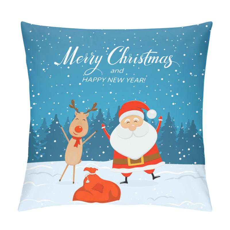 Personality  Snowy Background With Santa Claus And Christmas Deer Pillow Covers