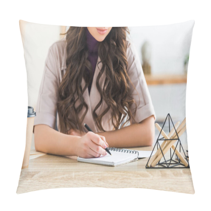 Personality  Cropped View Of Curly Girl Writing In Notebook Near Paper Cup  Pillow Covers