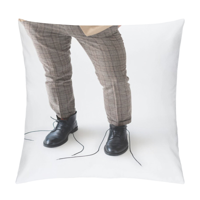 Personality  Partial View Of Male Legs In Fashionable Trousers And Unlaced Black Boots On White  Pillow Covers