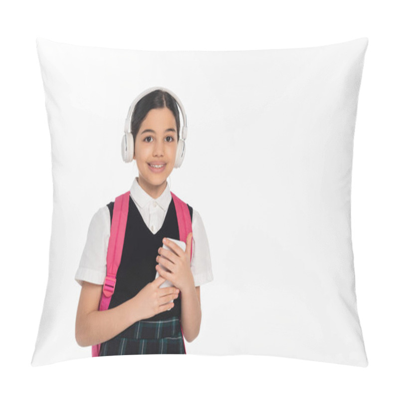 Personality  Digital Age, Cheerful Schoolgirl In Wireless Headphones Using Smartphone Isolated On White, Student Pillow Covers