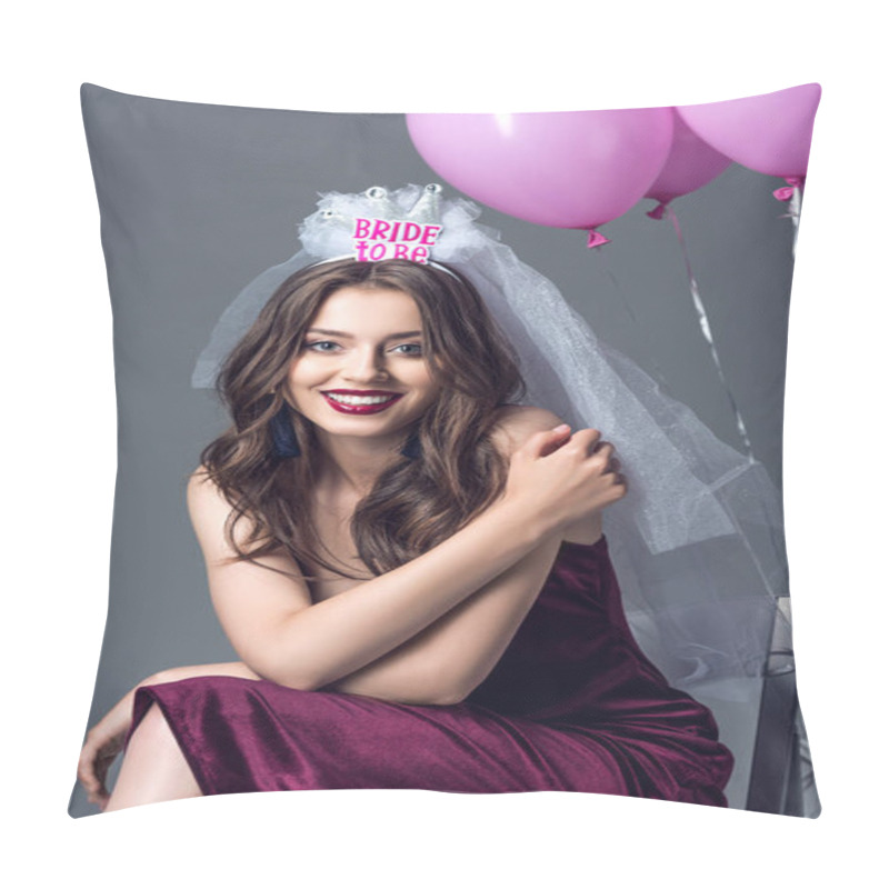 Personality  Happy Future Bride In Veil For Bachelorette Party Sitting On Chair With Tied Pink Balloons Isolated On Grey Pillow Covers