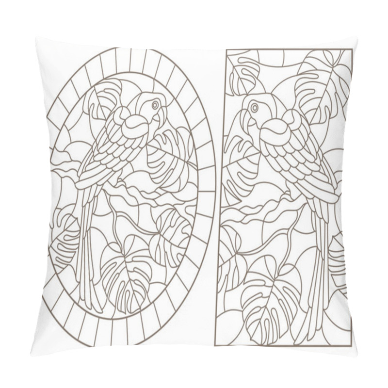 Personality  Set Contour Illustrations With Birds Parrots And Leaves Of Tropical Plants, Dark Contours On White Background Pillow Covers