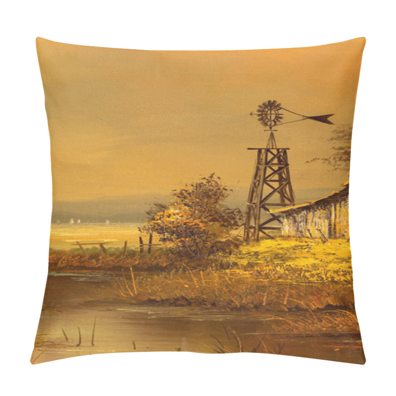 Personality  Vintage Landscape Oil Painting Detail Depicting A Country Scene With A Dilapidated Barn House And Windmill At Sunset. American Southwest Art. Pillow Covers