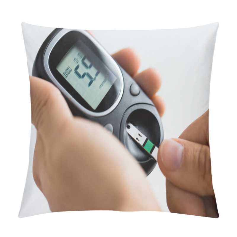 Personality  Close Up Of Man Checking Blood Sugar By Glucometer Pillow Covers