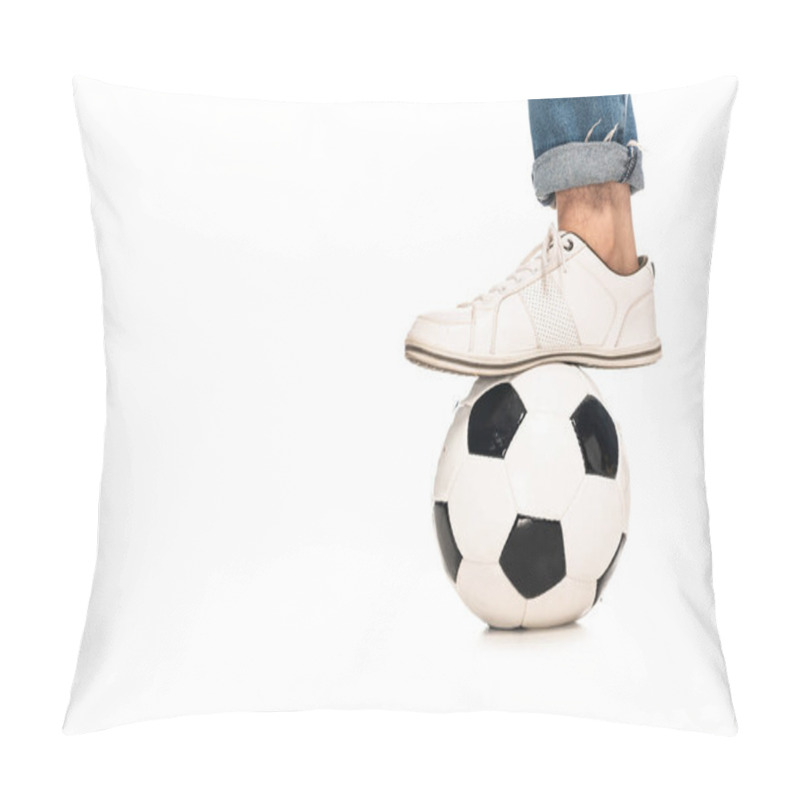 Personality  Cropped View Of Man Standing Near Soccer Ball Isolated On White  Pillow Covers