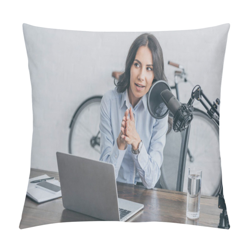 Personality  Pretty Radio Host Speaking In Microphone While Sitting At Desk Near Laptop  Pillow Covers