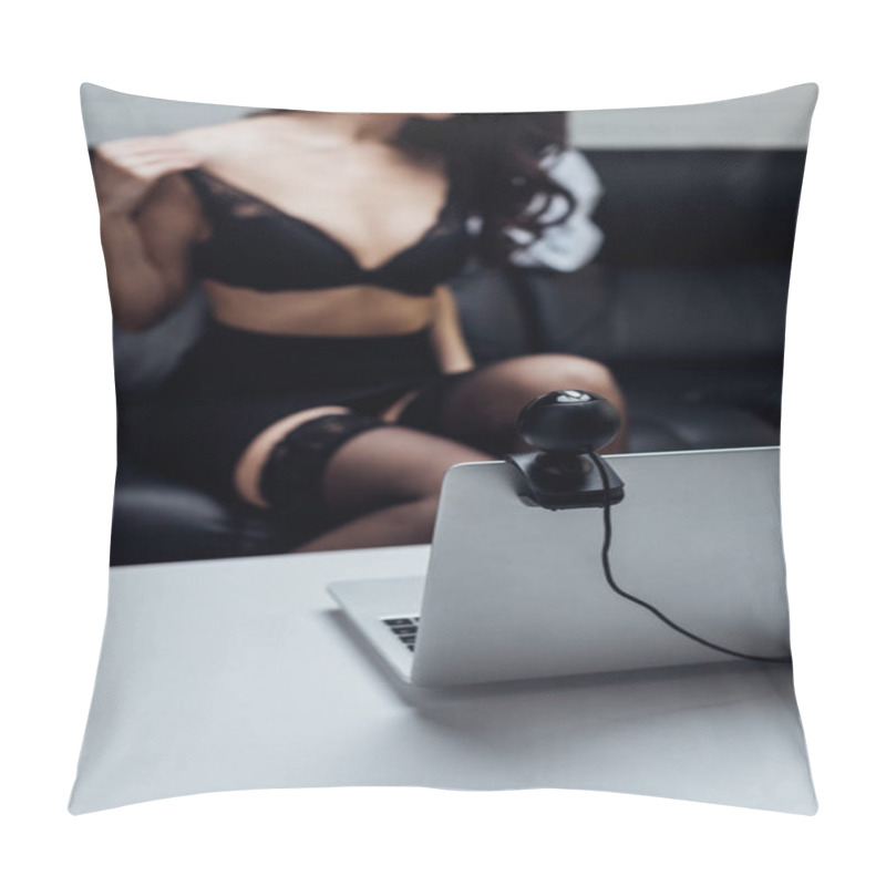 Personality  Selective Focus Of Laptop With Web Camera And Seductive Model Taking Off Bra On Couch Pillow Covers