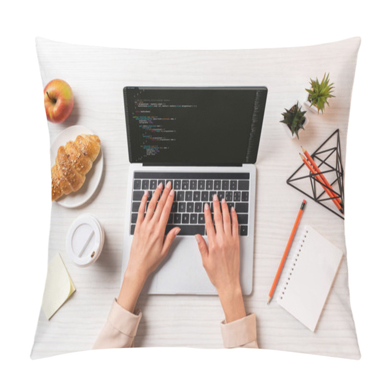 Personality  Cropped Shot Of Businesswoman Using Laptop With Html Code On Screen At Table With Coffee, Apple And Croissant       Pillow Covers