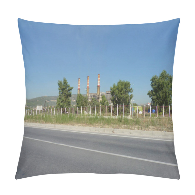 Personality  Weathered Smokestacks Towering Over An Industrial Complex: A Quiet Intersection Of Industry And Nature Under A Clear Blue Sky, Framed By Greenery And A Chain-Link Fence In A Mediterranean Setting Pillow Covers