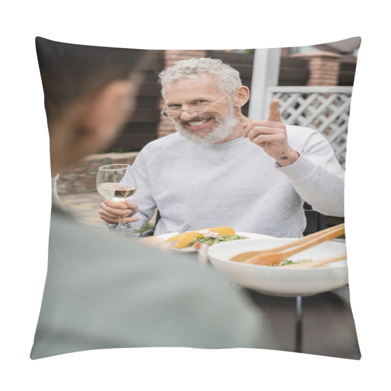 Personality  Cheerful Middle Aged Man Looking Son And Gesturing During Bbq Party, Blurred Foreground, Sitting On Backyard Of Summer House, Spending Time Together, Eating Grilled Bbq Food, Parents Day Concept  Pillow Covers