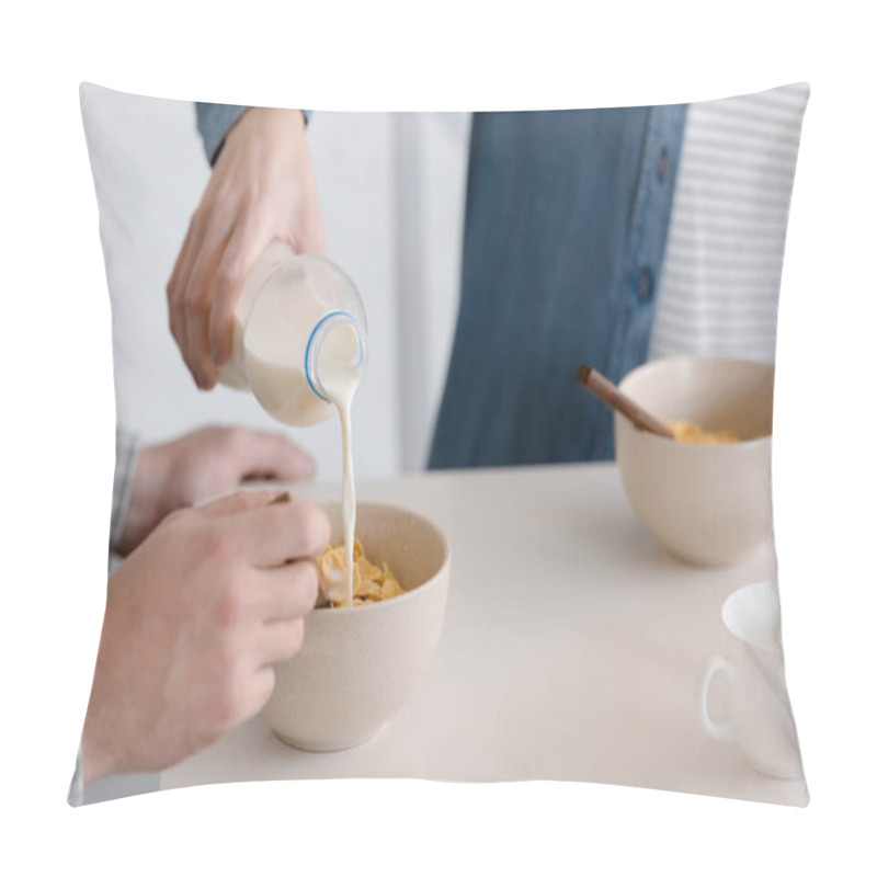 Personality  Pouring Milk Into Corn Flakes, Young Couple Having Breakfast Pillow Covers