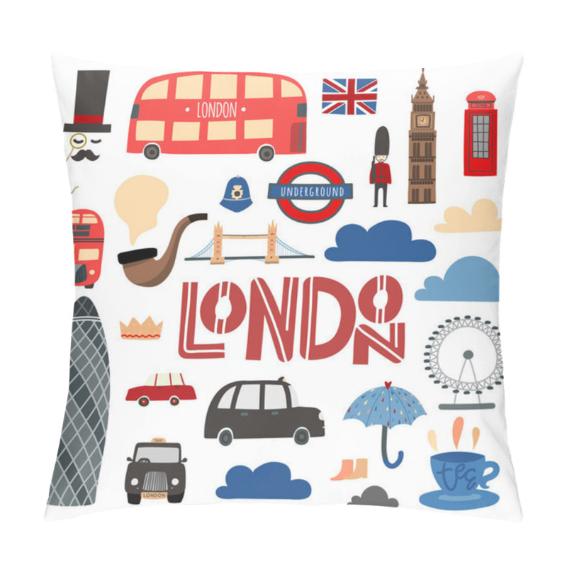 Personality  London Symbols Hand Drawn Set. Booth, Bus, Tower Bridge, London Eye Etc. Pillow Covers