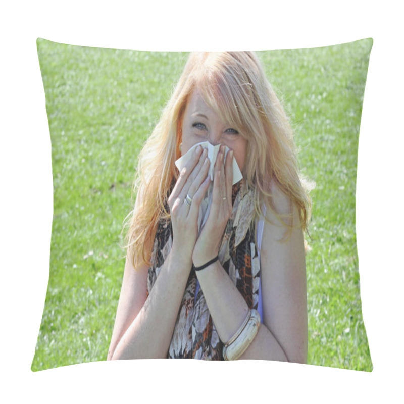 Personality  A Young Woman Has Hay Fever. Hay Fever Begins In Spring. A Woman Has A Cold And Is Blowing Into A Handkerchief Pillow Covers