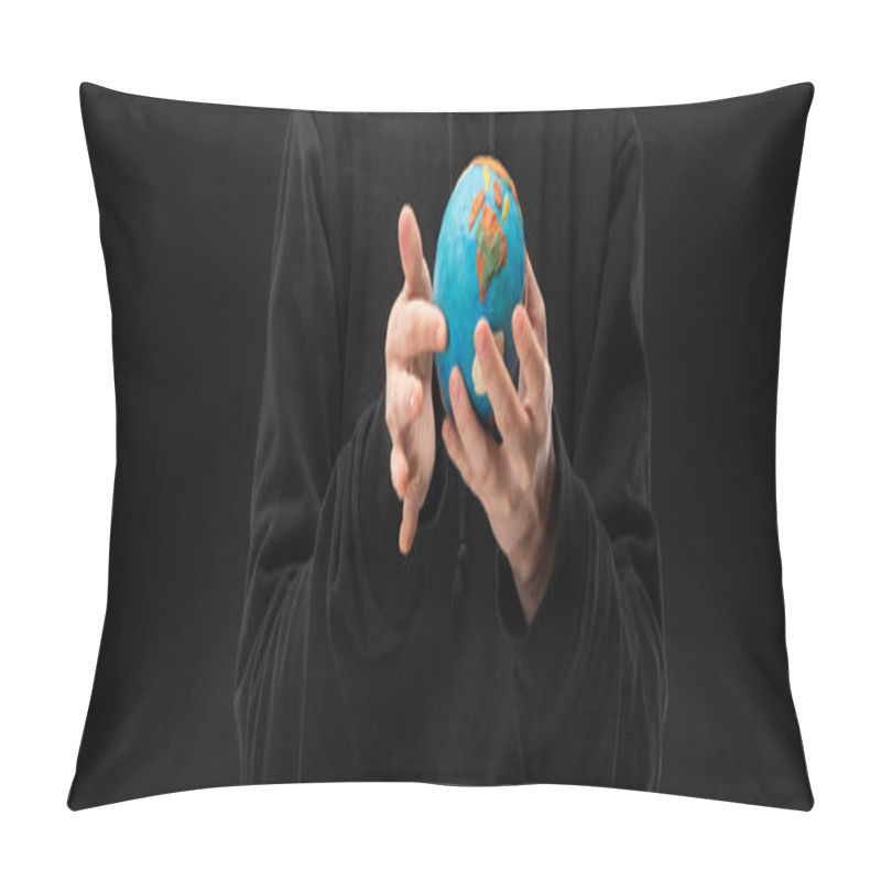 Personality  Panoramic View Of Woman Holding Plasticine Globe Isolated On Black, Global Warming Concept Pillow Covers