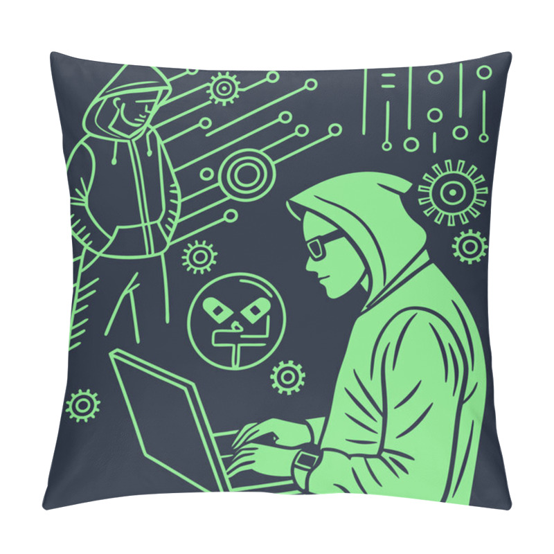 Personality  A Bold Vector Featuring Hacker Motifs In Neon Green Against Dark Backgrounds, Symbolizing Cybersecurity, Hacking Culture, And Technology. Pillow Covers