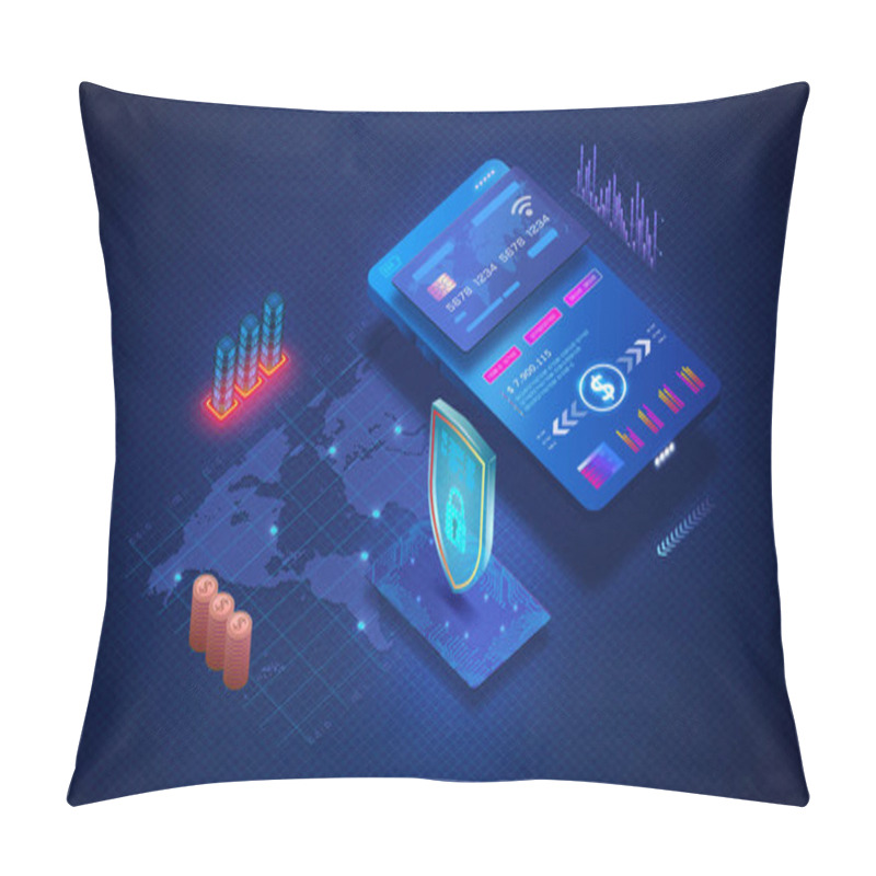 Personality  Secure Cross-border Payments Concept - Secure International Payments And Transactions With Mobile Device And Credit Card On World Map - 3D Illustration Pillow Covers