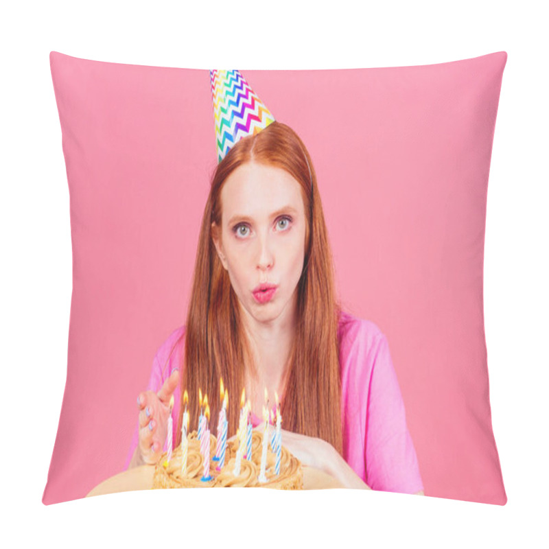 Personality  Redhaired Ginger Woman Make A Wish Fingers Crossed , Eyes Closed Blowing Out Candles On A Birthday Cake Pillow Covers