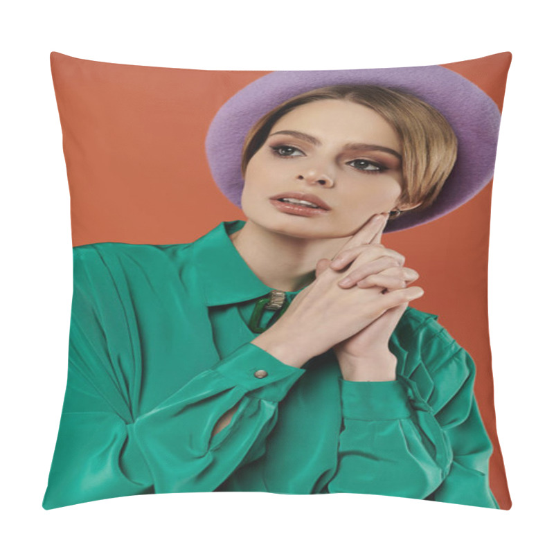 Personality  Stylish Woman In Purple Beret And Green Shirt Confidently Poses Against Orange Backdrop. Pillow Covers