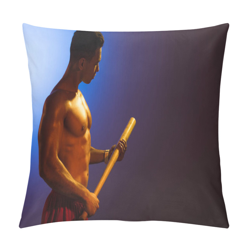 Personality  Sportive Shirtless Mixed Race Man Holding Baseball Bat On Blue And Dark Purple Gradient Background Pillow Covers