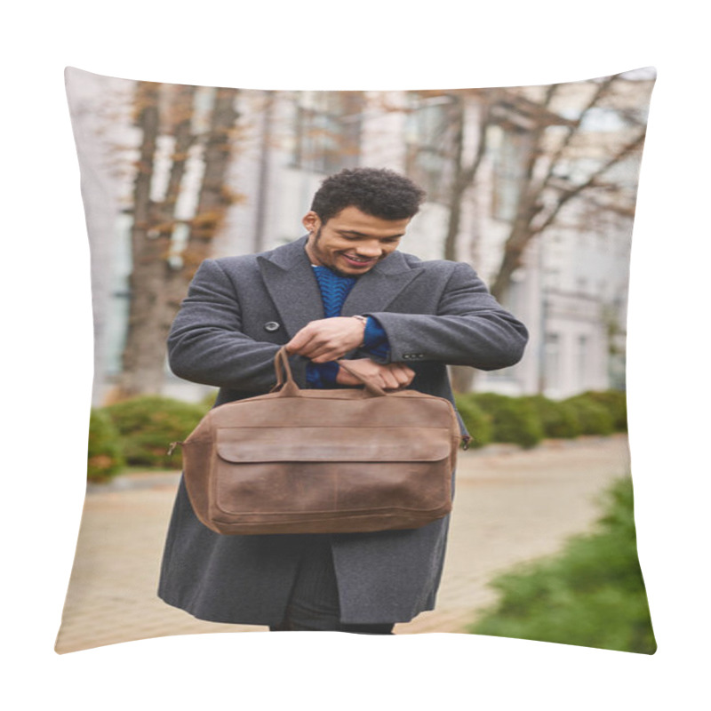 Personality  A Stylish Man Looks Cheerful While Inspecting His Brown Bag On A Pleasant Day Outdoors Pillow Covers