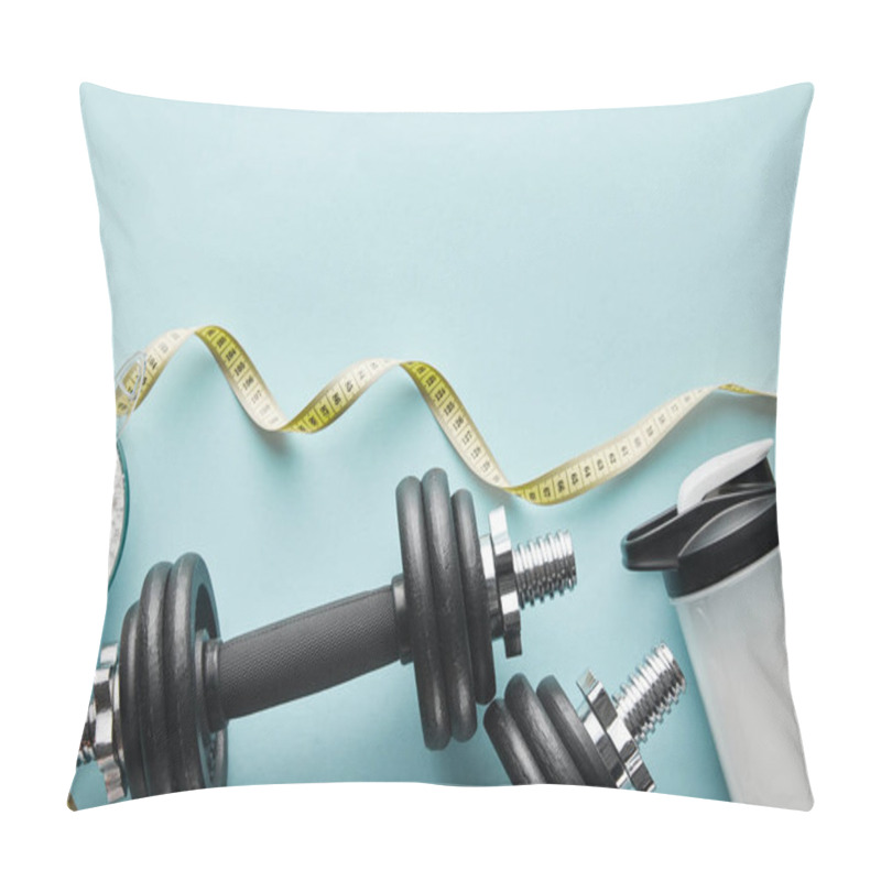 Personality  Top View Of Sports Bottle With Protein Shake Near Dumbbells On Blue  Pillow Covers