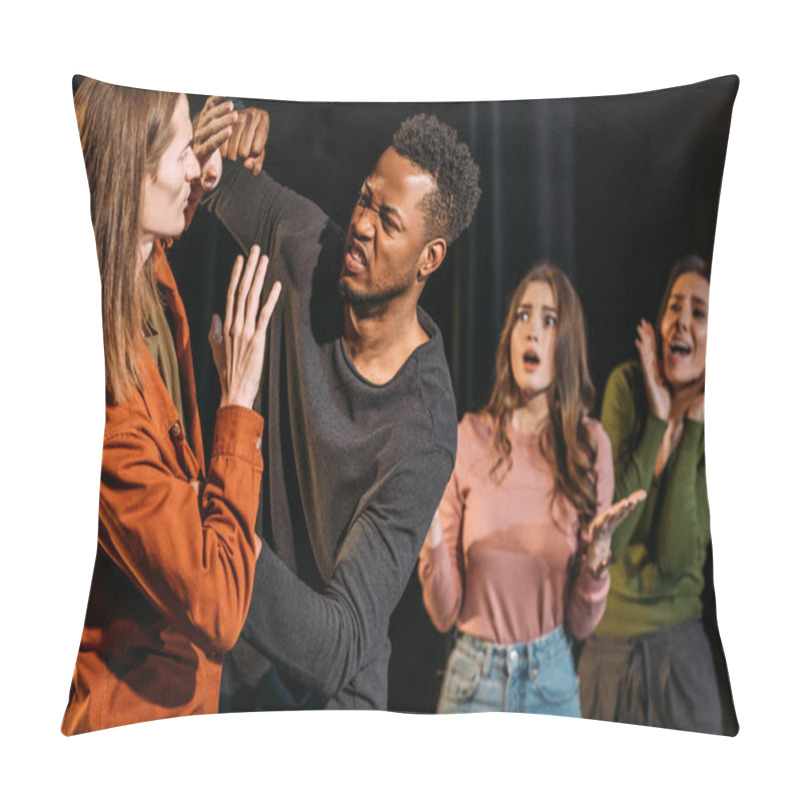 Personality  Frightened Actresses And Fighting Multicultural Actors Playing In Theatre Pillow Covers