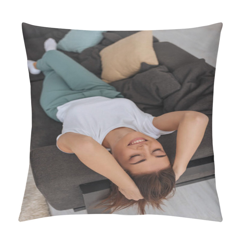 Personality  Selective Focus Of Of Dreamy Young Woman Smiling While Lying On Sofa At Home  Pillow Covers