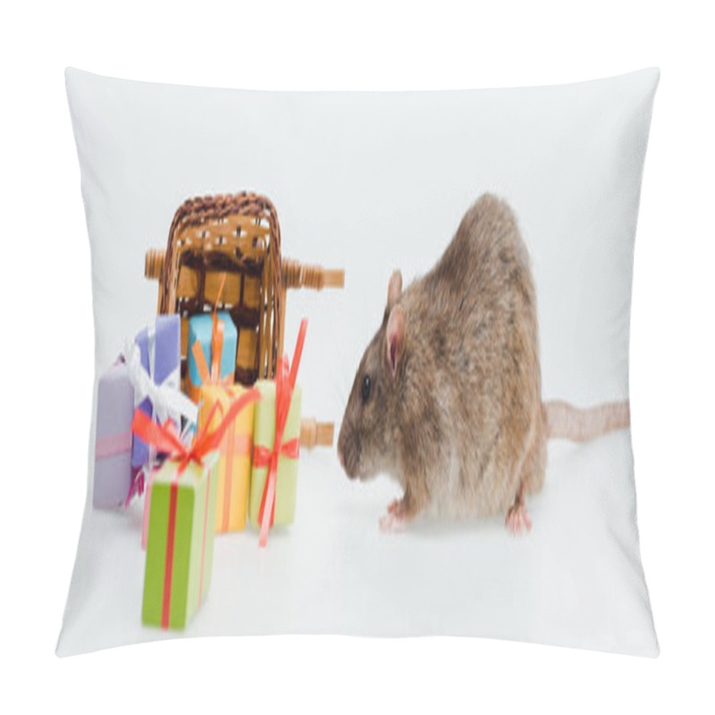 Personality  Panoramic Shot Of Little Rat Near Toy Sleigh And Presents Isolated On White Pillow Covers