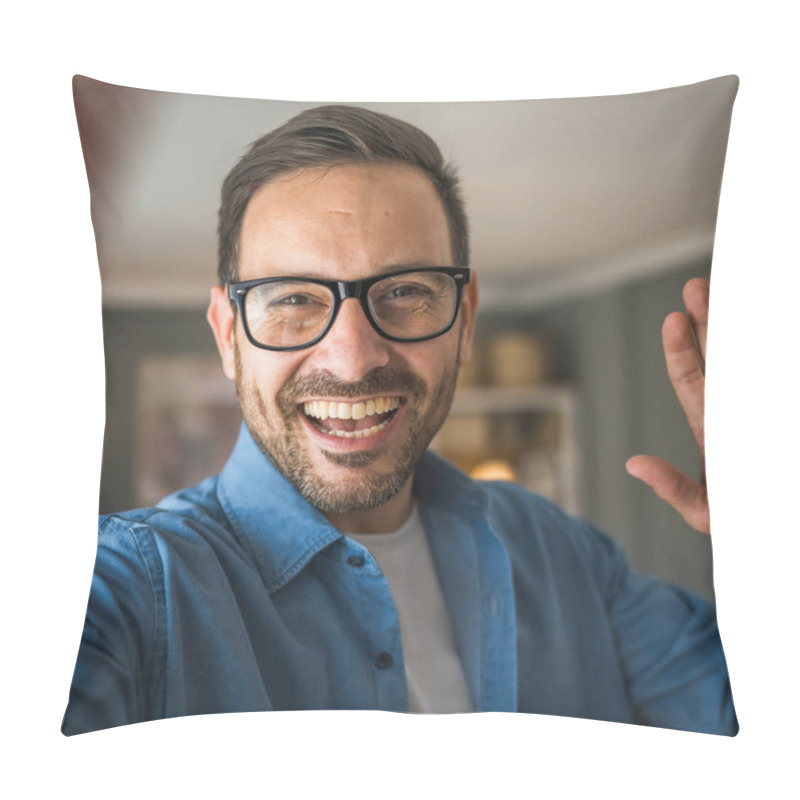 Personality  One Man Adult Portrait Of Caucasian Male With Beard And Eyeglasses Stand At Home Happy Smile Copy Space Self Portrait Selfie Pillow Covers